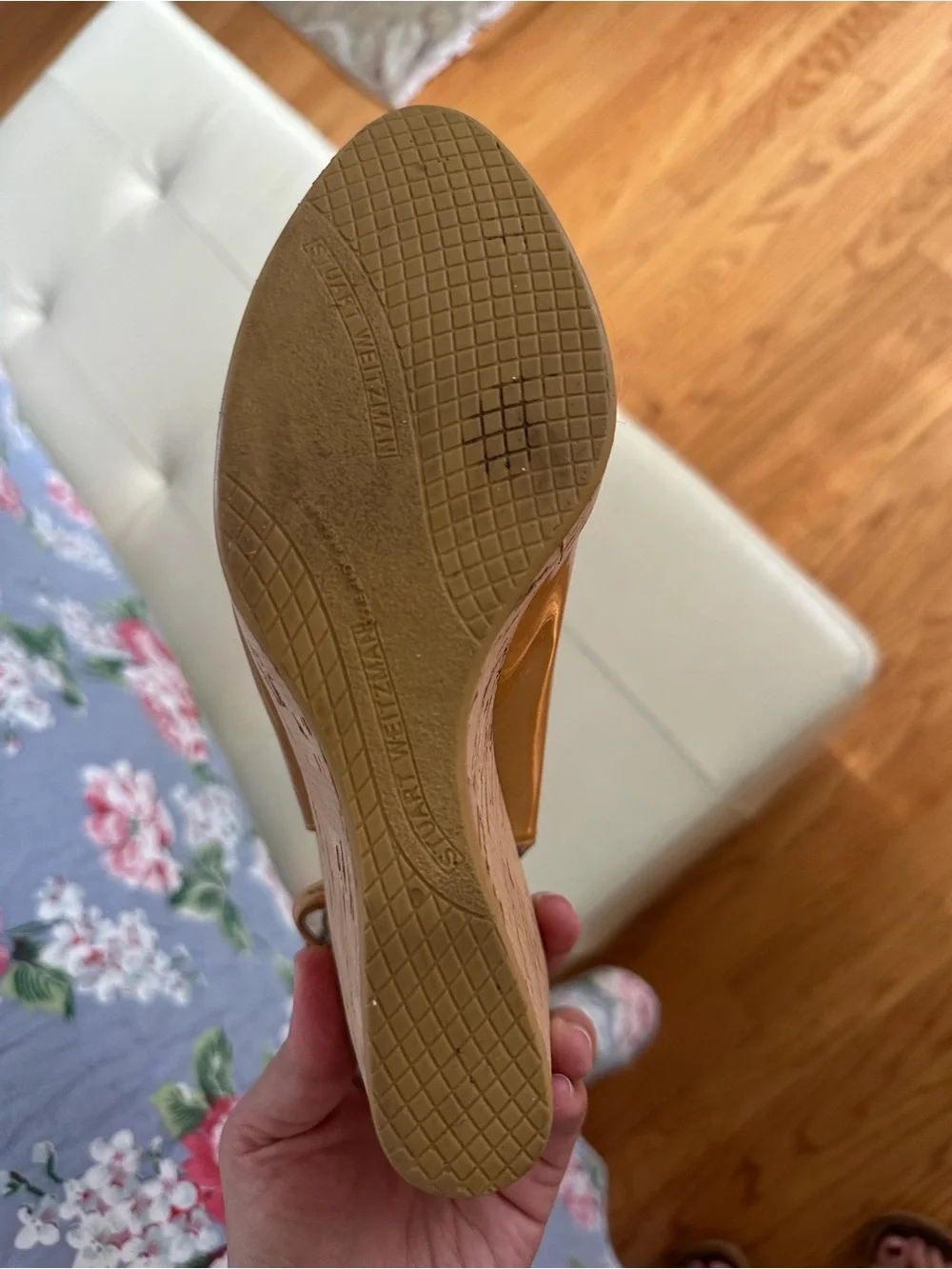 Stuart Weitzman Tan Patent Peep-Toe Slingback Wedges